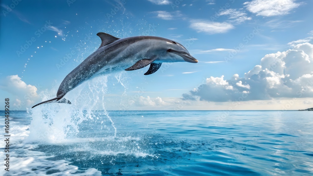Naklejka premium Playful Dolphin Jumping High Out Of Blue Ocean Water With Splash Under Bright Sky And Clouds In Natural Marine Habitat
