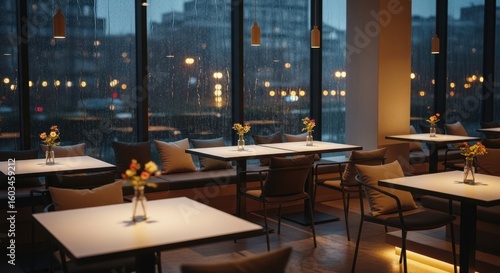 Rain Outside Restaurant Window with Empty Tables