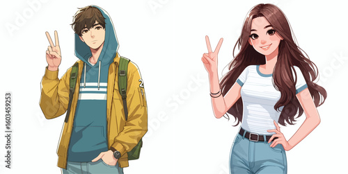 vector image of teenage men and women in peace pose