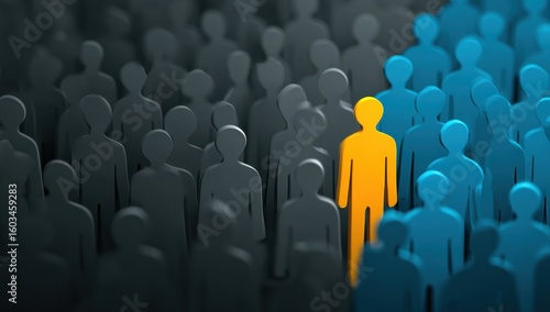 A vibrant individual stands out from the crowd representing uniqueness, leadership, and the power of personal identity in a collective environment.