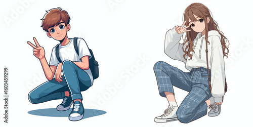 vector image of teenage men and women in peace pose