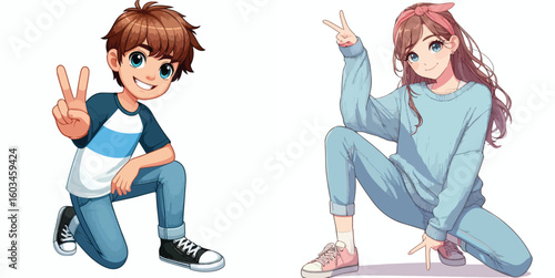 vector image of teenage men and women in peace pose