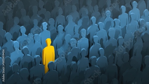 A vibrant individual stands out from the monochromatic crowd representing uniqueness, individuality, and the power of being different in a conformist