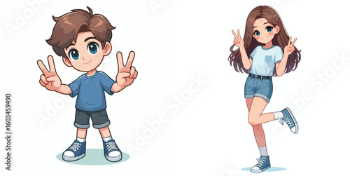 vector image of teenage men and women in peace pose