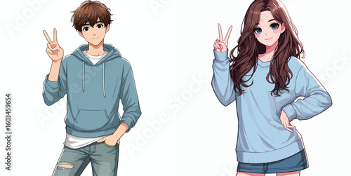 vector image of teenage men and women in peace pose