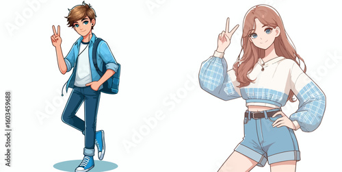 vector image of teenage men and women in peace pose