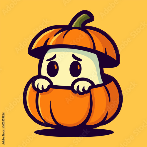 A shy ghost disguised as a pumpkin peeks out with tiny hands and nervous eyes, blending cute and creepy vibes against a colorful backdrop.