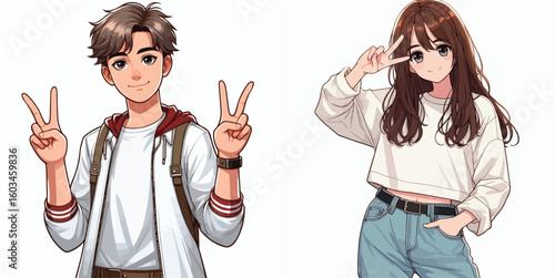 vector image of teenage men and women in peace pose