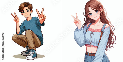 vector image of teenage men and women in peace pose