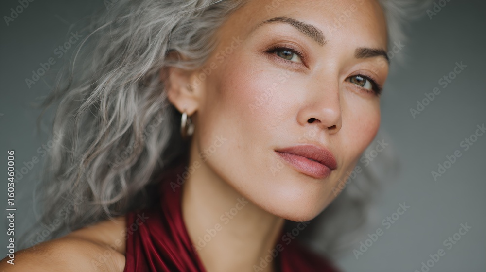 Naklejka premium Woman with long gray hair and a red scarf is smiling
