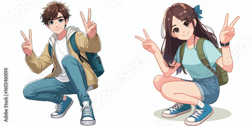 vector image of teenage men and women in peace pose