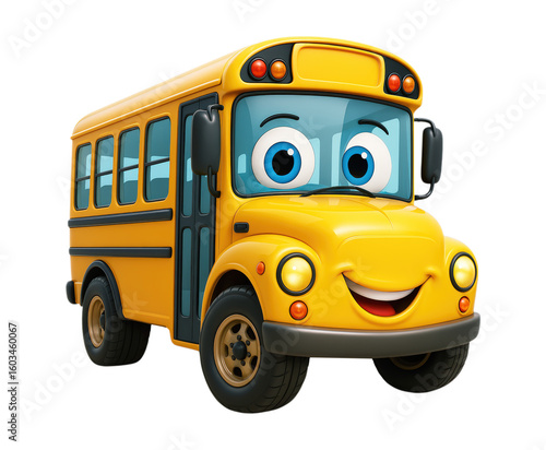 A cute, happy yellow school bus character with big blue eyes and a friendly smile, 3D render. Isolated on Transparent and White Background