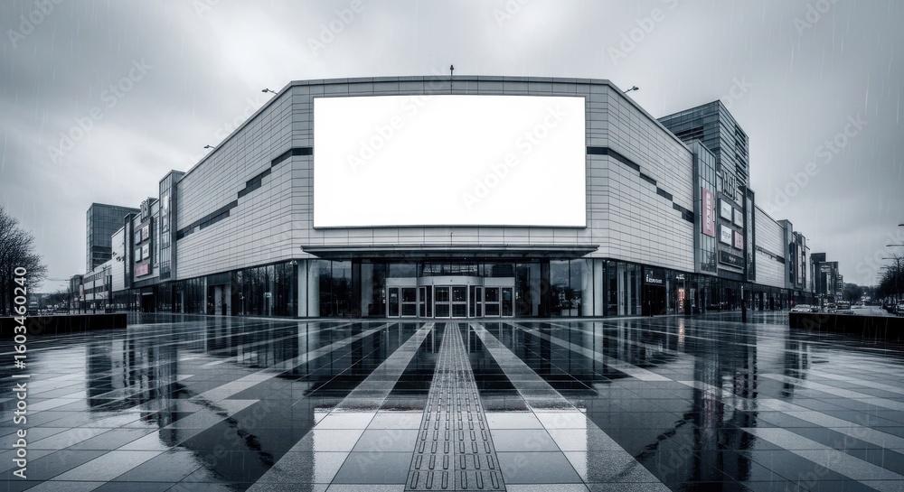 Modern Mall with Blank Billboard on Rainy Day Modern Mall with Blank Billboard on Rainy Day