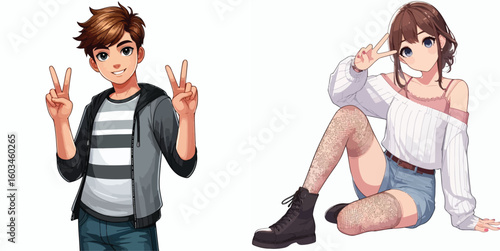 vector image of teenage men and women in peace pose