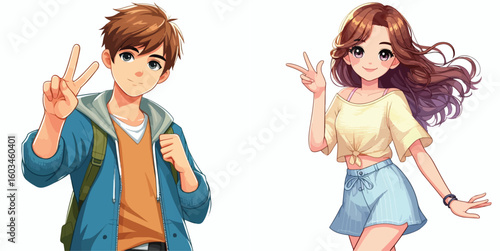 vector image of teenage men and women in peace pose