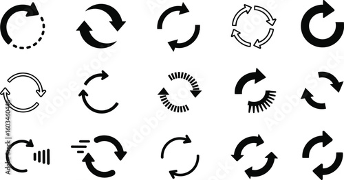Vector art of a collection of black circular arrow designs isolated on white background, representing rotation and direction