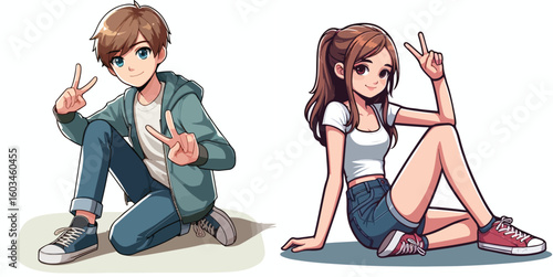 vector image of teenage men and women in peace pose