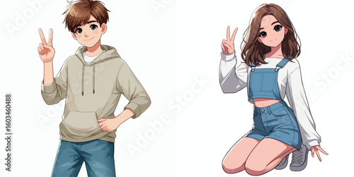 vector image of teenage men and women in peace pose