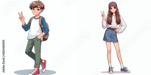 vector image of teenage men and women in peace pose