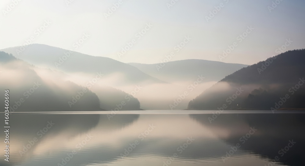 Fototapeta premium Serene Morning at Mountain Lake with Fog