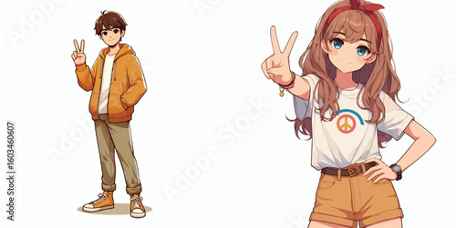 vector image of teenage men and women in peace pose