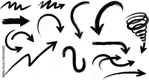 Vector art of a set of handdrawn black arrows with a brushstroke effect indicates various directions and movements, adding a touch of grunge to the design