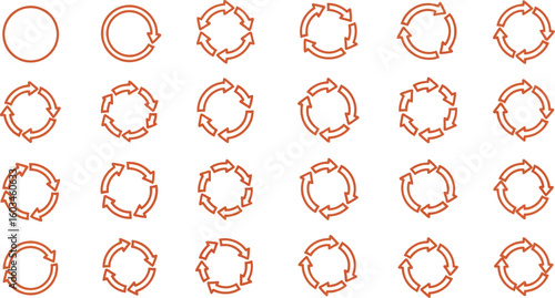 Vector art of a series of orange circular arrows illustrates the concept of continuous cycles and repeating processes, ideal for representing workflows and iterative steps