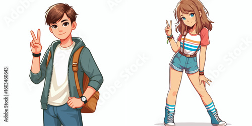vector image of teenage men and women in peace pose