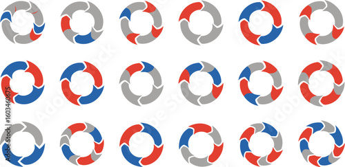 Vector art of circular arrow diagrams in red, blue and gray, illustrating cyclical processes and workflows