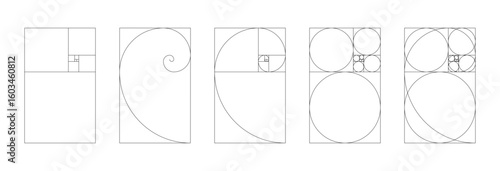 Vertical Fibonacci numbers array set of 5 elements. Template of golden ratio harmony proportions. 