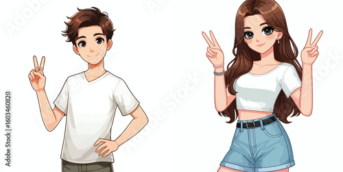vector image of teenage men and women in peace pose