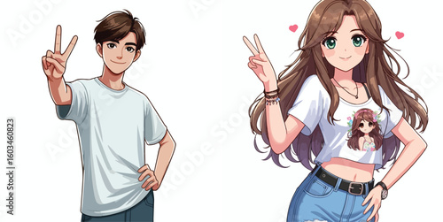 vector image of teenage men and women in peace pose