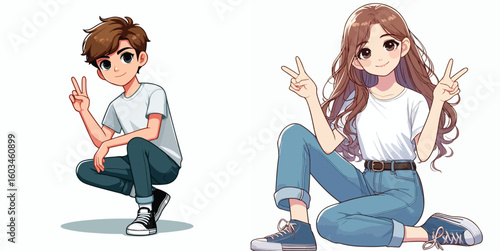 vector image of teenage men and women in peace pose