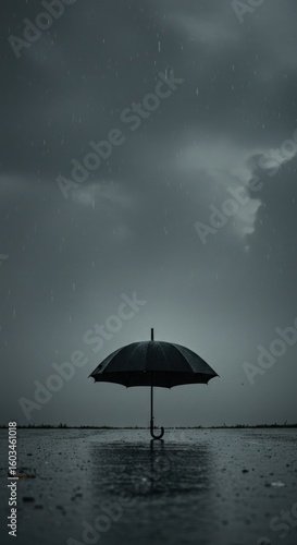 Rainy day, black umbrella, reflecting