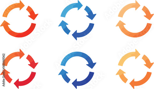 Vector art of a set of colorful circular arrows isolated on white background illustrates concepts of rotation, recurrence, and continuous processes in a modern graphic design