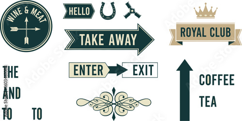 Vector art of a collection of vintagestyle signs and arrows creates a retro aesthetic, perfect for labels, logos, and decorative design elements with a classic touch