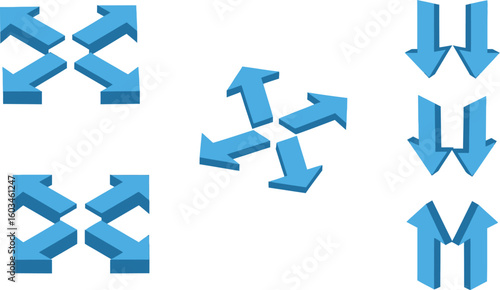 Vector art of a set of five isometric arrow designs pointing in various directions, including up and down, with a blue color scheme, isolated on white background