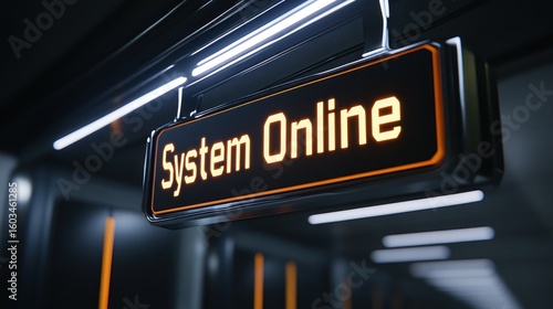 Futuristic sign in dark corridor