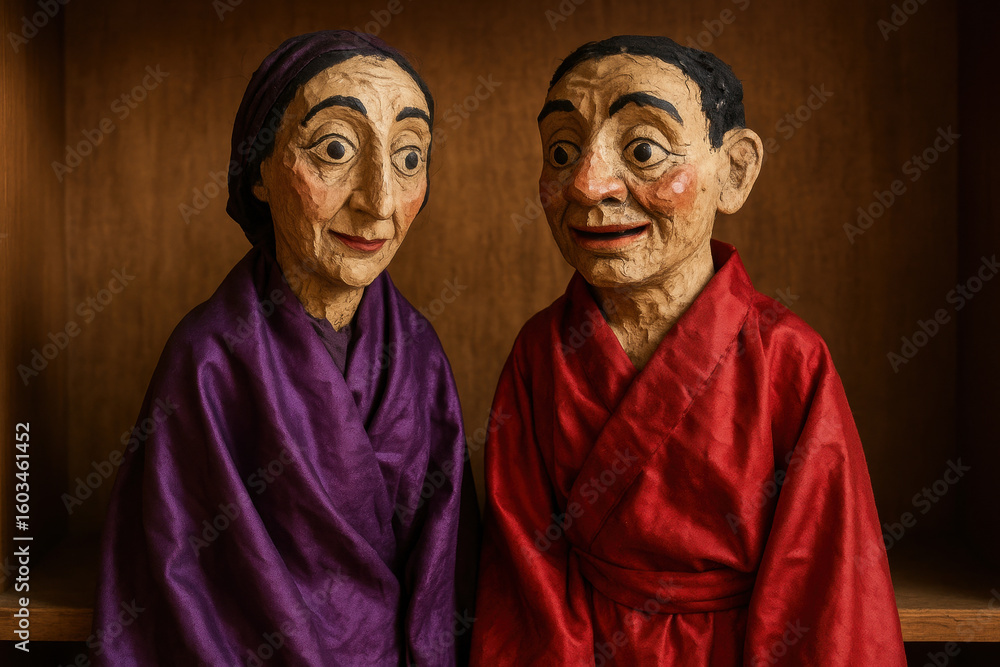 Naklejka premium handcrafted papier mache elderly couple figurines in colorful robes displayed against wooden background