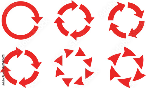 Vector art of a set of red circular arrows isolated on white background indicates cyclical processes and directional flow