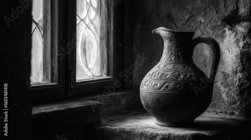Dark, moody shot of decorative pitcher on stone ledge near window, monochrome