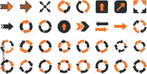 Vector art of a diverse set of orange and black arrows isolated on white background represents various directions and cyclical movements