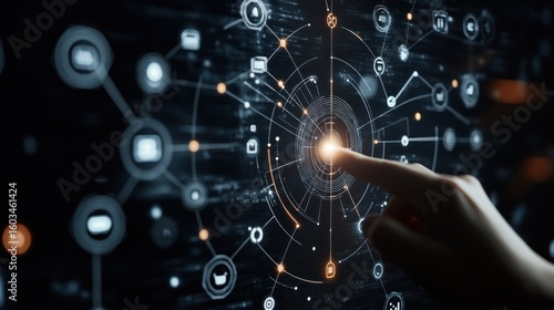Hand interacting with digital network graphic