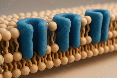 Cell membrane molecular structure with integral protein channels, close up cross section of lipid bilayer and embedded proteins