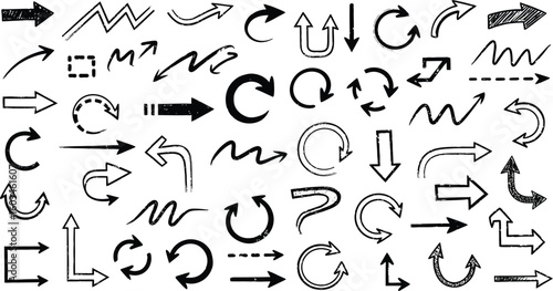Vector art of a diverse array of handdrawn arrows pointing in various directions on a white backdrop
