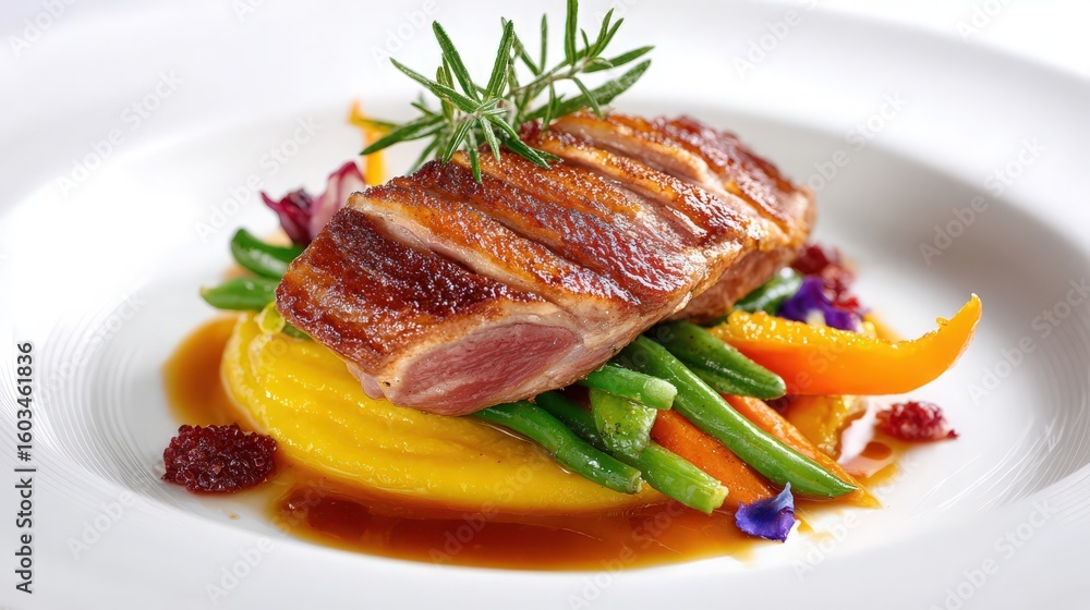 French duck à l'orange in fine-dining plating, isolated white background French duck à l'orange in fine-dining plating, isolated white background