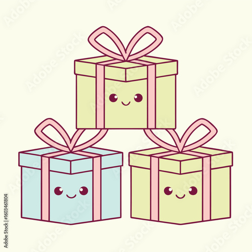 Mini pastel gift boxes with cute faces stacked in a pyramid party style
