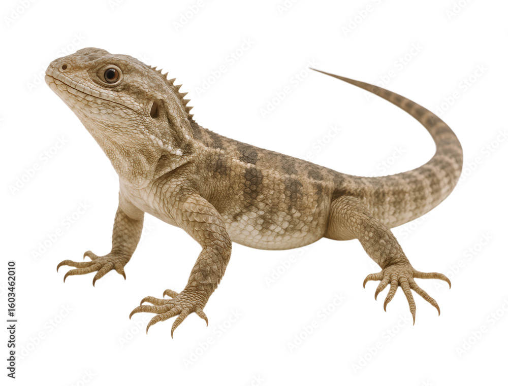 Fototapeta premium A full-length, detailed studio portrait of a New Zealand Tuatara lizard-like reptile standing alert, Isolated on Transparent and White Background