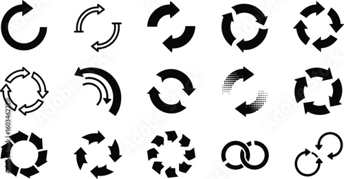 Vector art of a set of circular arrow icons representing cycle, rotation, refresh, and reload isolated on white background