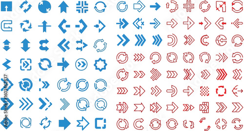 Vector art of a diverse set of blue and red arrow icons for navigation and design, isolated on white background